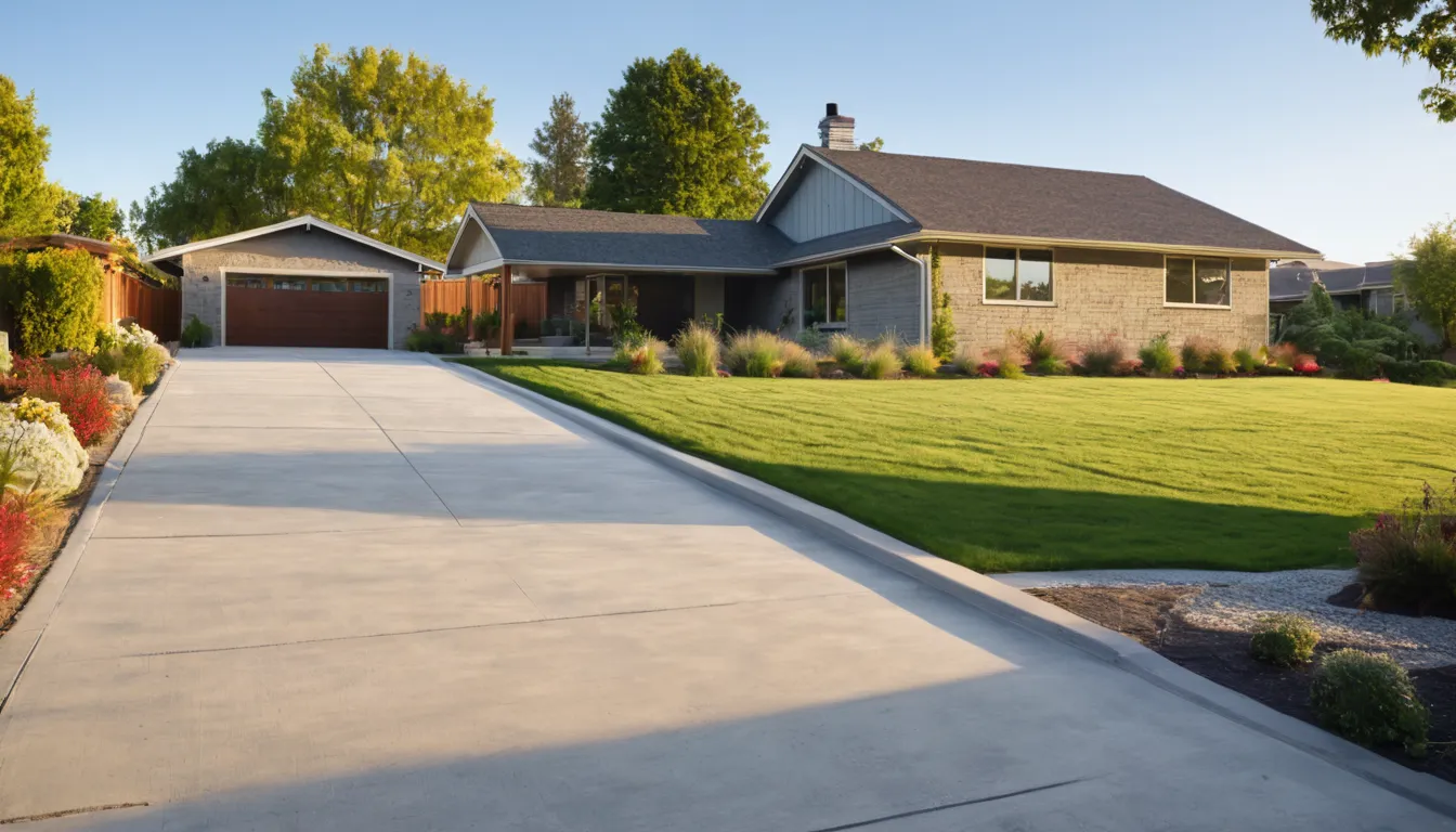A freshly poured concrete driveway beside a brick ranch home in Euclid